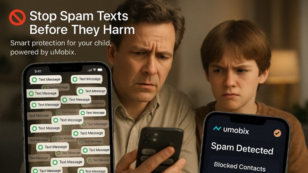 Concerned parent viewing smartphone flooded with spam texts, using uMobix to protect their child