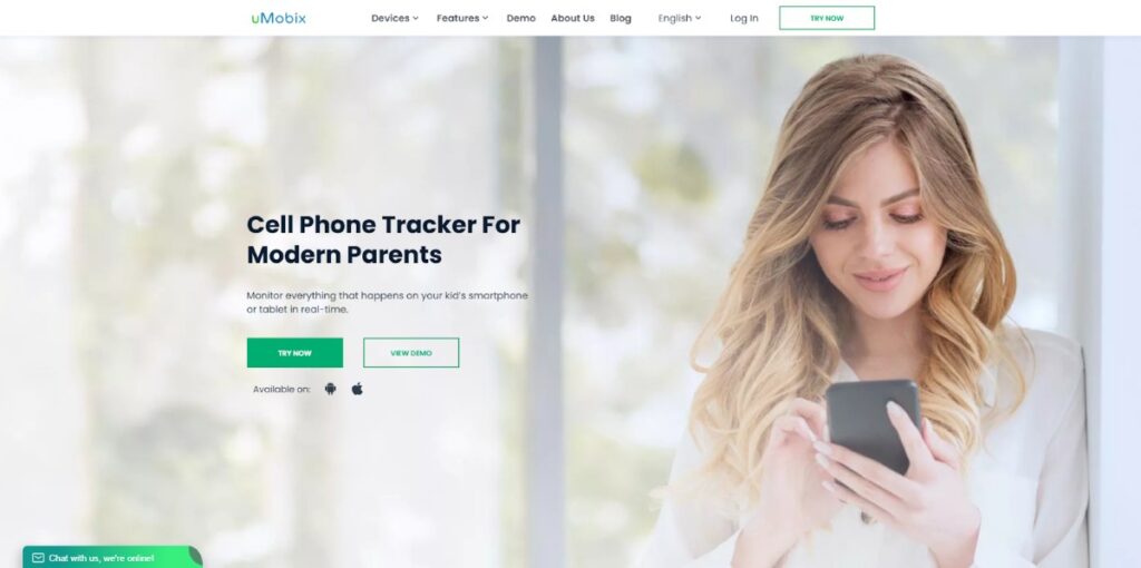Smiling woman using a smartphone, promoting uMobix cell phone tracker for modern parents