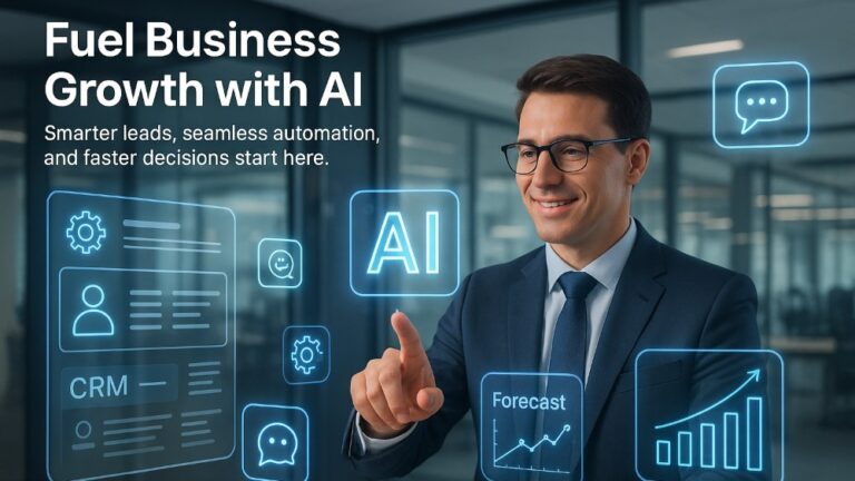 Professional interacting with AI-powered tools in a modern office, representing AI for business development and automation