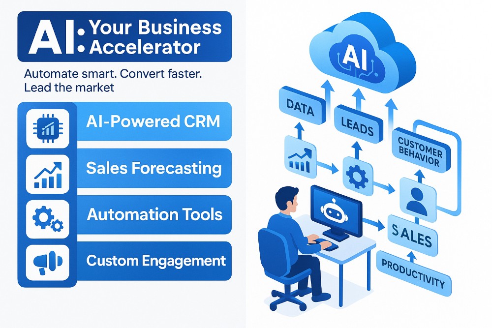 Infographic showing AI tools like CRM, automation, and forecasting used in business development with flow diagrams and tech-style icons