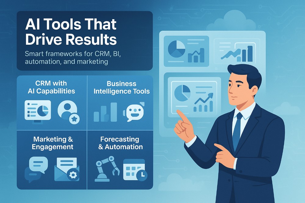 Infographic showing four categories of AI tools for business development: CRM, business intelligence, marketing automation, and forecasting.