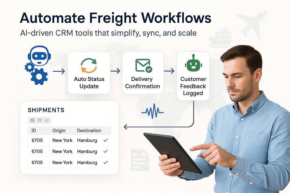 Infographic showing AI-powered workflow automation in freight forwarding CRM with logistics professional and synced shipment process