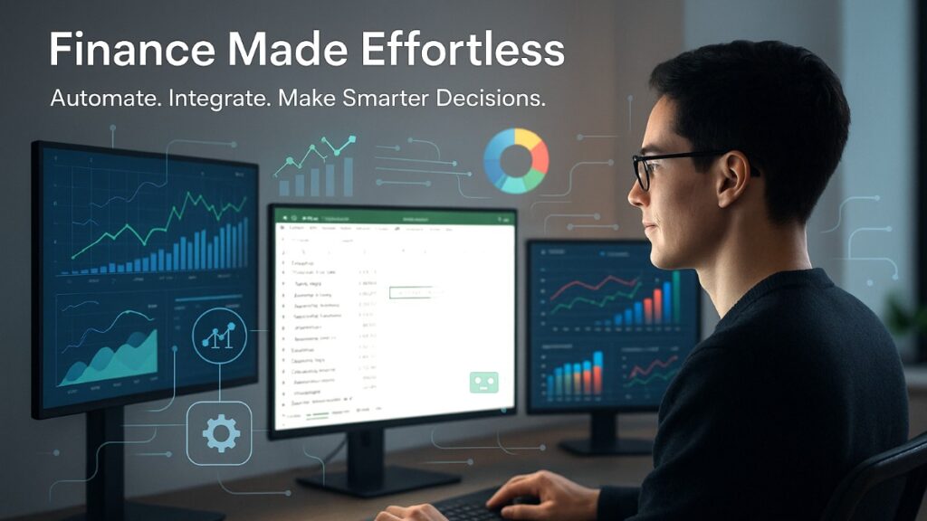 Confident finance professional using next-gen automation tools with real-time financial dashboards and spreadsheets to streamline financial models.