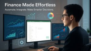Confident finance professional using next-gen automation tools with real-time financial dashboards and spreadsheets to streamline financial models.