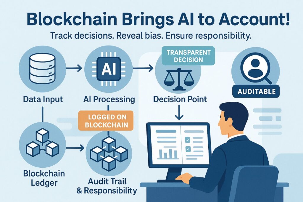 Infographic showing how blockchain enhances AI accountability with a workflow from data input to audit trail.