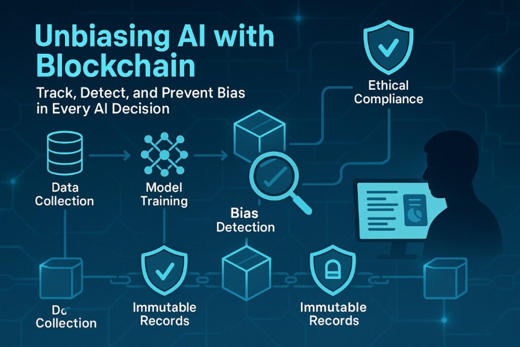 Infographic showing how blockchain improves fairness and bias detection in AI systems with icons for data tracking, auditing, and ethical AI development