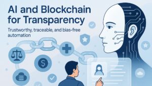 Illustration of Blockchain and AI integration showing transparency and accountability with digital icons and user interaction