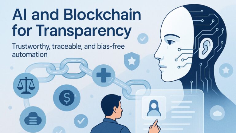 Illustration of Blockchain and AI integration showing transparency and accountability with digital icons and user interaction