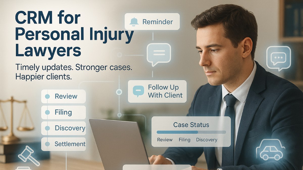 Blended visual of a lawyer using CRM software, surrounded by timeline, alerts, legal icons, and follow-up reminders — representing CRM for personal injury lawyers.
