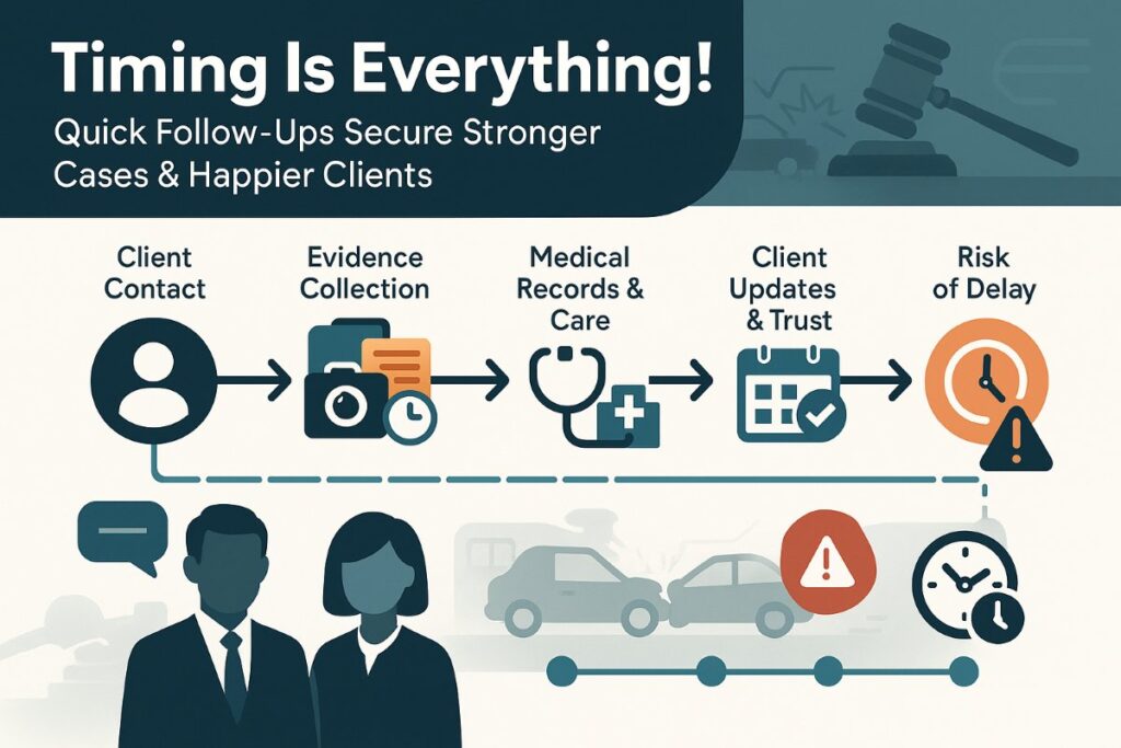 Infographic showing how CRM helps personal injury lawyers with timely follow-ups, evidence collection, and legal deadlines.