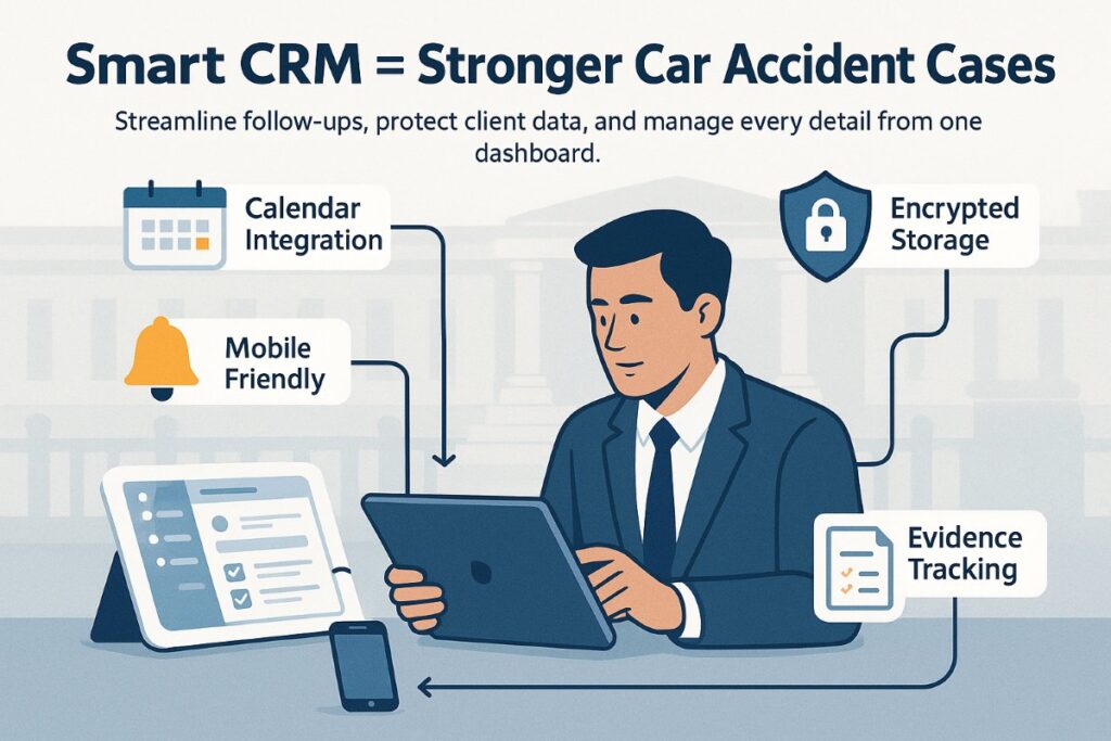 Infographic showing CRM features for personal injury lawyers, including secure data storage, task reminders, calendar sync, and mobile access.