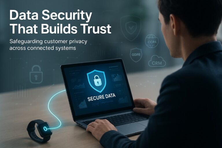 Business professional viewing secure data dashboard with wearable device, symbolizing data security and privacy across IoT and CRM systems.