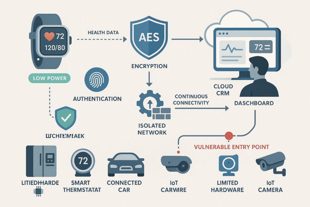 Infographic showing data security and privacy in IoT and embedded systems with encryption, authentication, firmware updates, and secure data flow.
