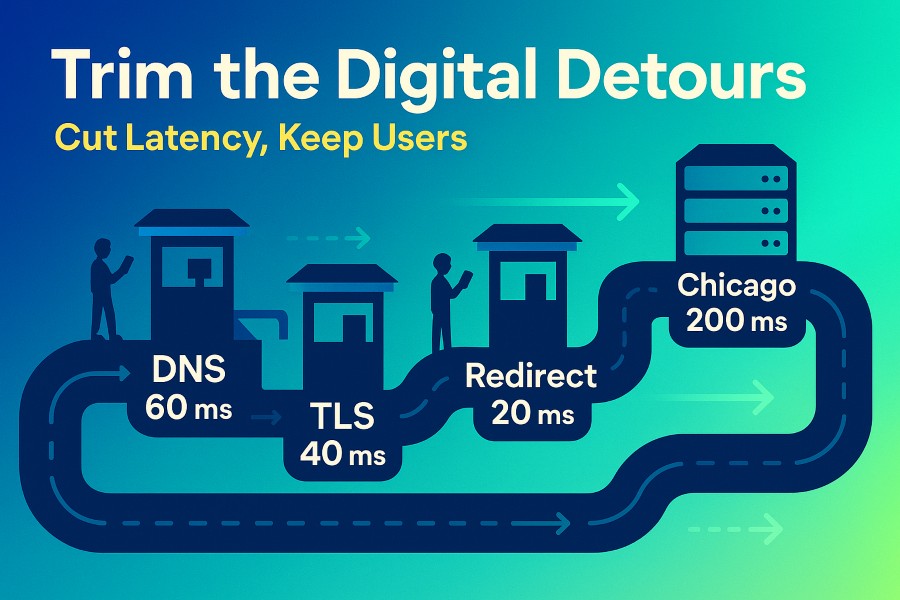 Latency infographic showing a digital highway with labeled delays—DNS 60ms, TLS 40ms, Redirect 20ms—ending at a Chicago server (200ms). Includes user figures and flow arrows to highlight the effect of latency on web performance and user engagement.