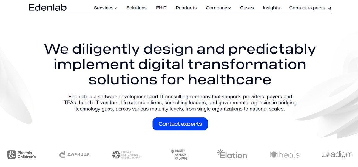 Edenlab homepage showcasing digital transformation and healthcare data analytics solutions