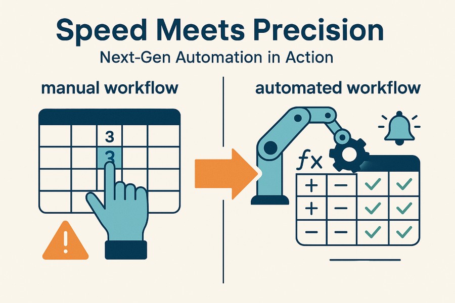 Infographic comparing manual spreadsheet entry to automated financial model workflows, highlighting errors versus real‑time, error‑free results.