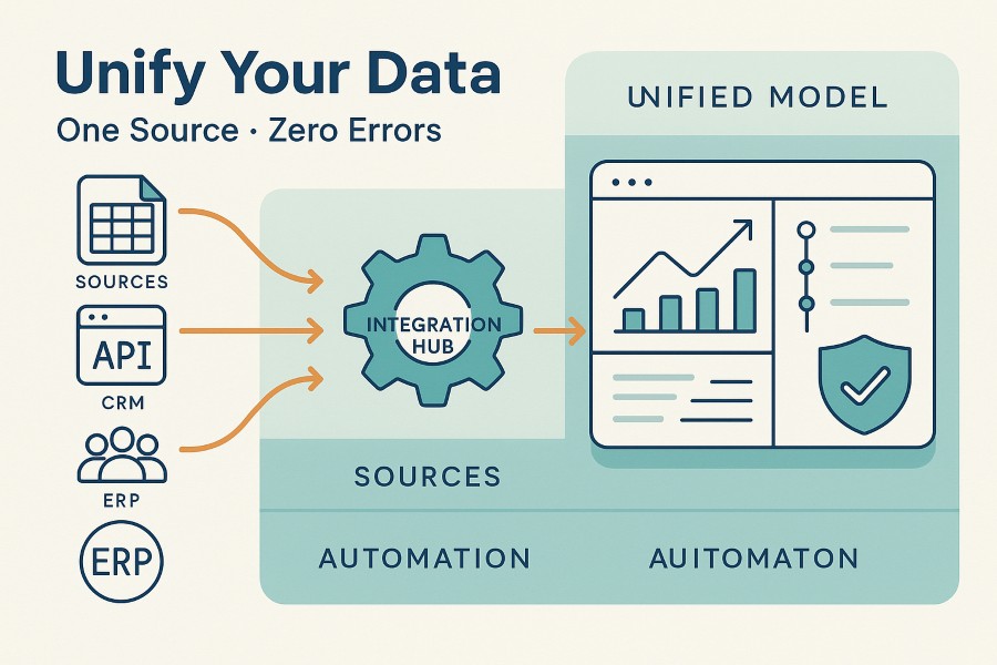 Infographic showing how data integration tools consolidate multiple financial data sources into a unified, automated financial model.