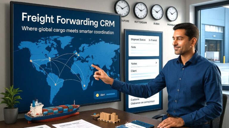 Logistics manager using CRM dashboard in a freight forwarding office with shipping documents and global cargo elements in view