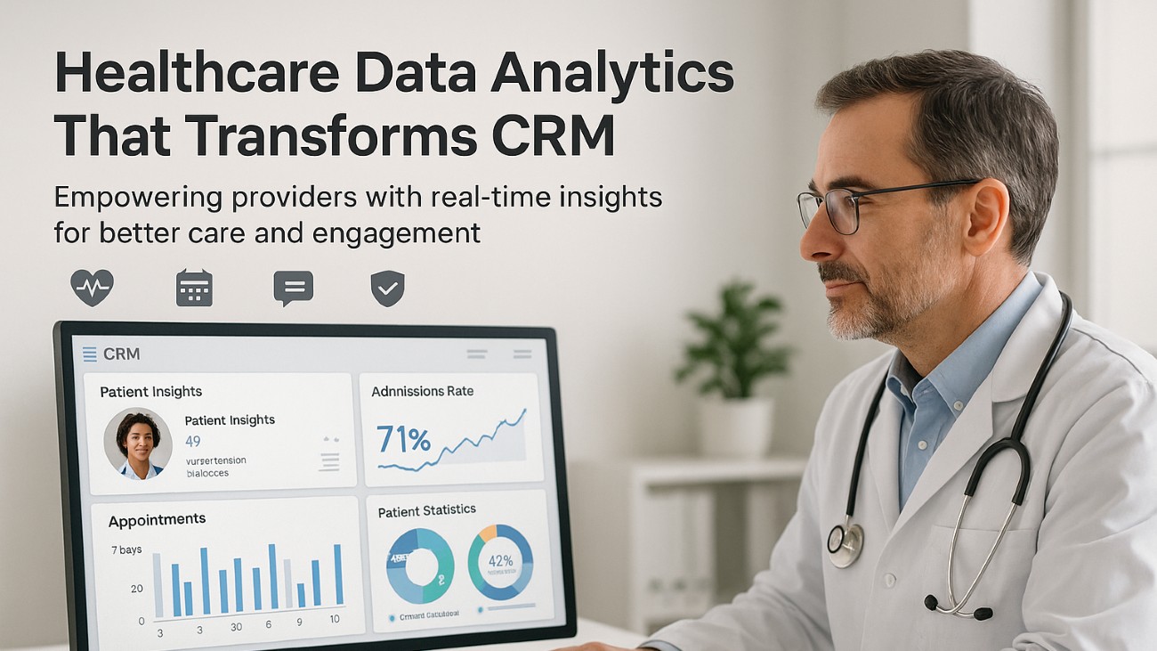 Doctor using healthcare CRM dashboard with real-time data analytics on screen