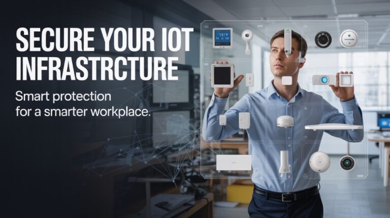 Modern workplace showcasing secure IoT infrastructure with access control systems and connected devices