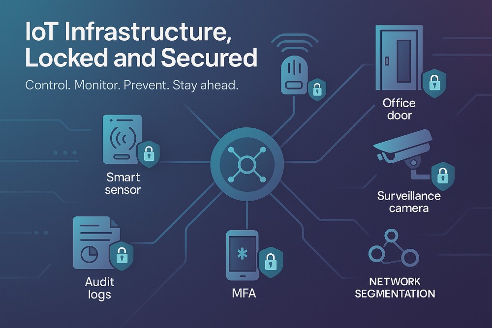 Infographic showing role-based access control for IoT infrastructure in a secure workplace environment