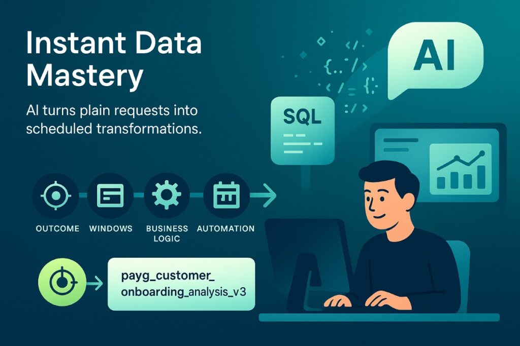 Infographic showing Keboola data automation with conversational AI, visualizing steps from user query to SQL and dashboard output.