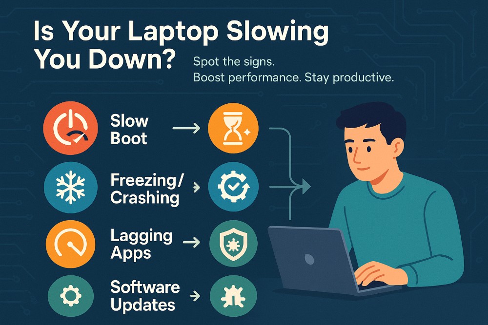 Infographic showing common signs of laptop slowness and steps to improve performance, featuring workflow icons and a user at a laptop.