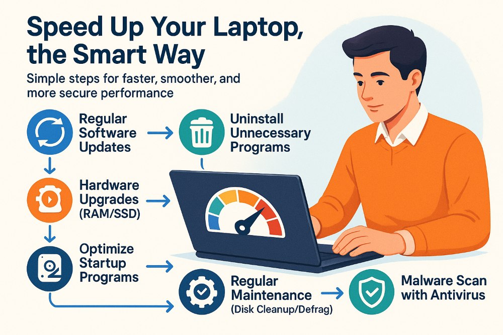 Infographic showing steps to improve laptop performance including updates, hardware upgrades, and malware scans for better speed test results.