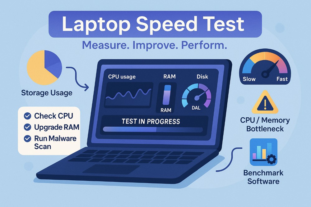 Infographic showing laptop speed test with CPU, RAM, disk usage, and optimization tips
