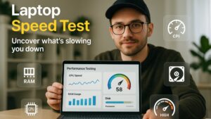 Focused user checking laptop performance using a speed test tool on screen