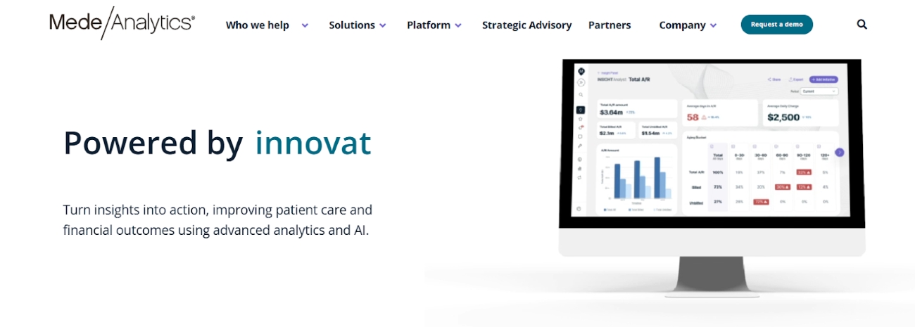 MedeAnalytics homepage featuring AI-powered healthcare data analytics dashboard