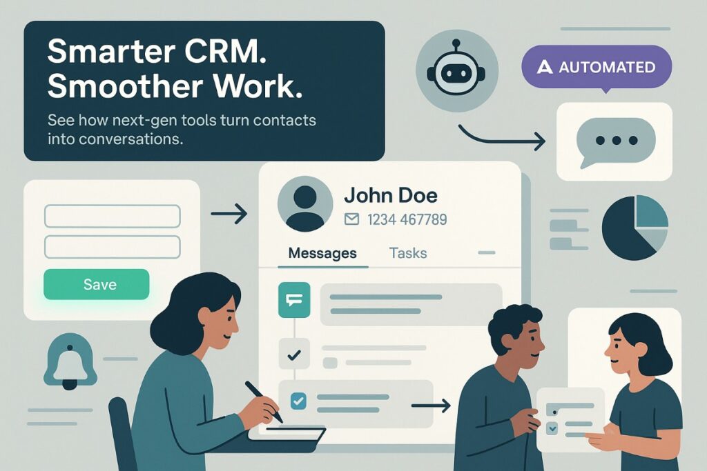 Infographic showing features of next-gen CRM tools including automation, centralized customer data, user-friendly interface, and real-time collaboration.