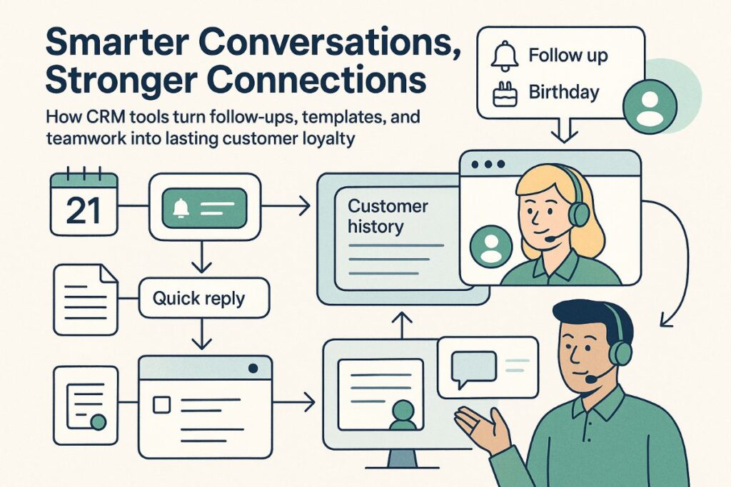 Infographic showing how next-gen CRM tools enhance customer interaction through reminders, templates, chat history, and team collaboration.