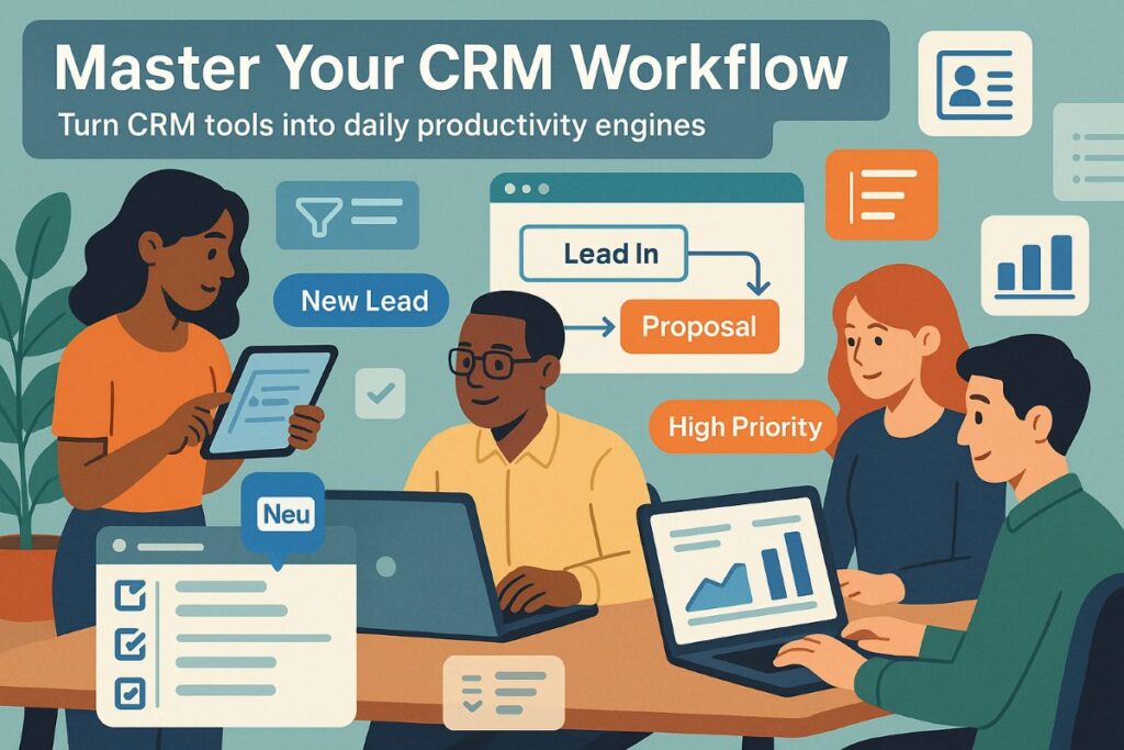 Infographic showing team collaboration using next-gen CRM tools with workflows, tags, reports, and dashboards.
