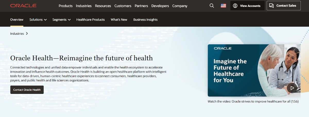 Oracle Health homepage showcasing connected healthcare data analytics and innovation