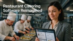 A catering manager using restaurant catering software on a tablet while chefs prepare food in the background, illustrating CRM automation in hospitality.