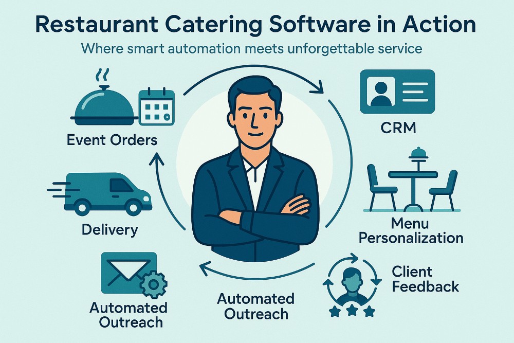 Infographic showing how restaurant catering software automates event orders, customer data, menu personalization, and CRM outreach.