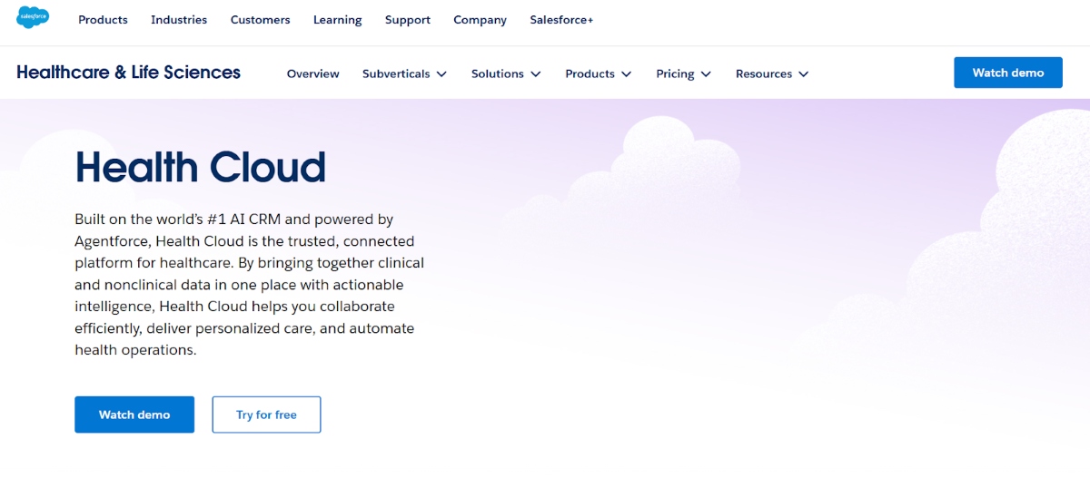 Salesforce Health Cloud platform for AI-powered healthcare data analytics and CRM