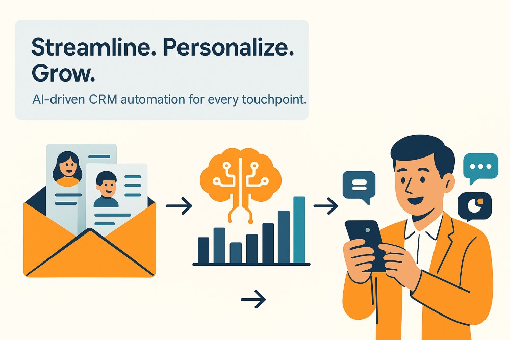 Infographic showing CRM automation flow with lead nurturing, AI analytics, and mobile CRM features—designed to complement Squarespace integration.

