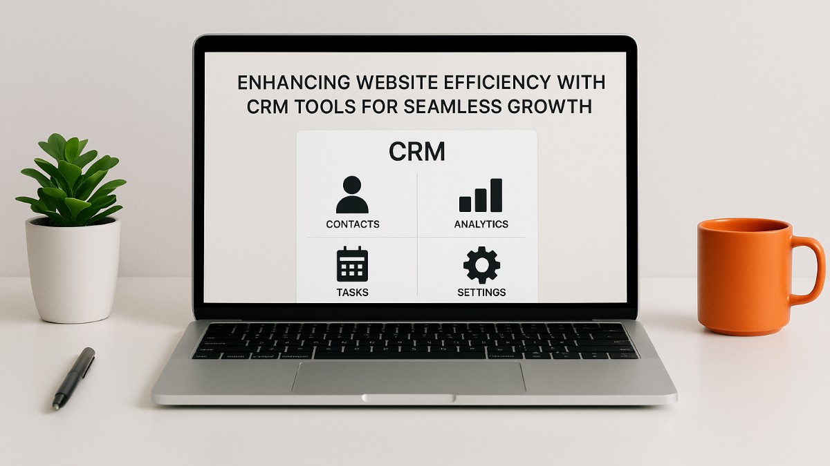 Laptop displaying CRM dashboard with contacts, analytics, tasks, and settings icons—representing Squarespace CRM automation for website efficiency.
