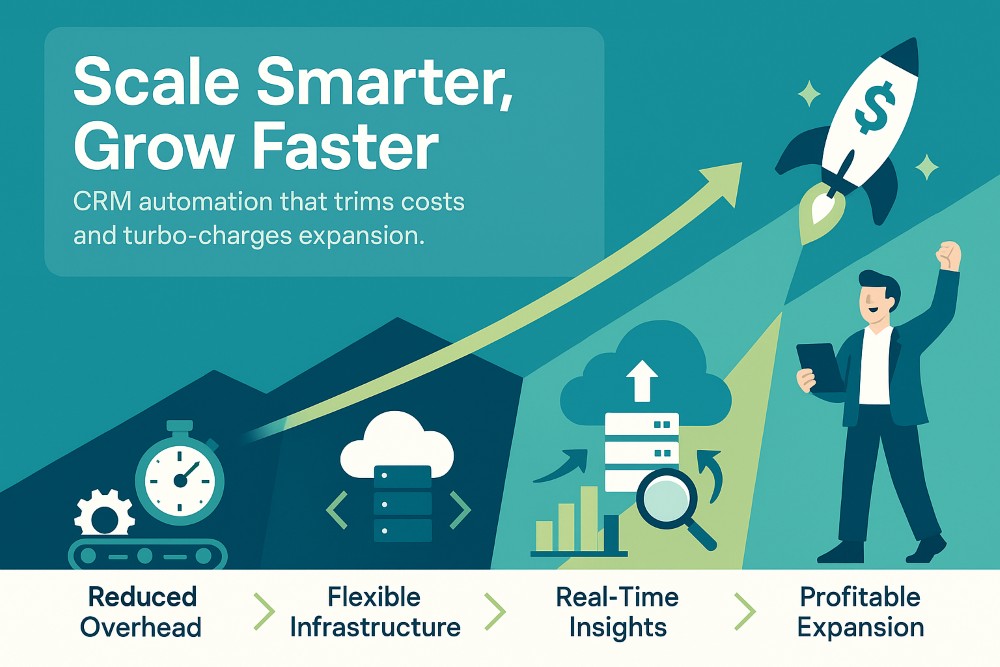 Infographic showing how CRM automation enhances business growth with Squarespace—highlighting efficiency, scalability, analytics, and expansion benefits.