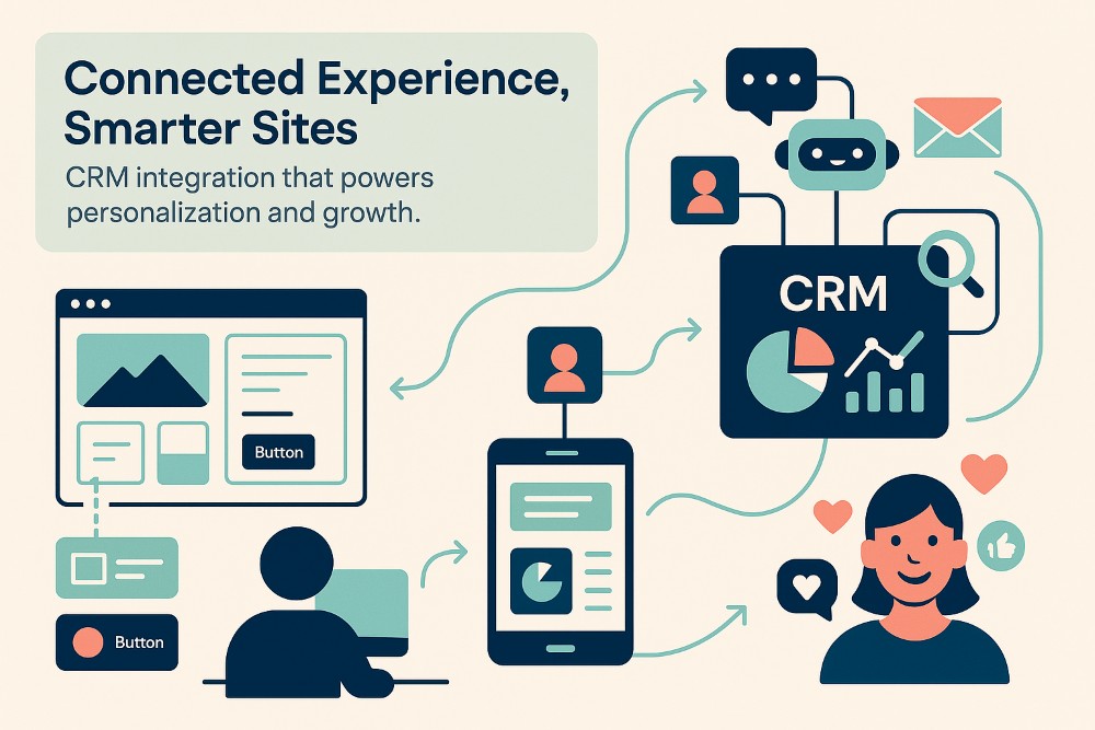 Infographic showing Squarespace CRM integration with drag-and-drop website design, CRM analytics, and omnichannel customer engagement.