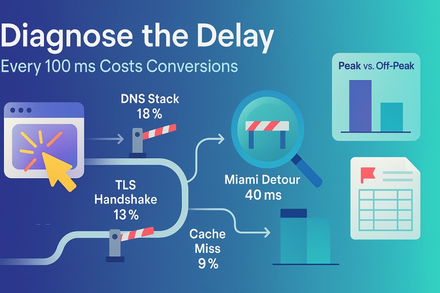 Flat-style infographic showing a digital path from browser click through labeled latency points like DNS Stack 18%, TLS Handshake 13%, Cache Miss 9%, and Miami Detour 40ms. Includes magnifying glass icon, latency comparison bar graph, and spreadsheet for flagged delays.