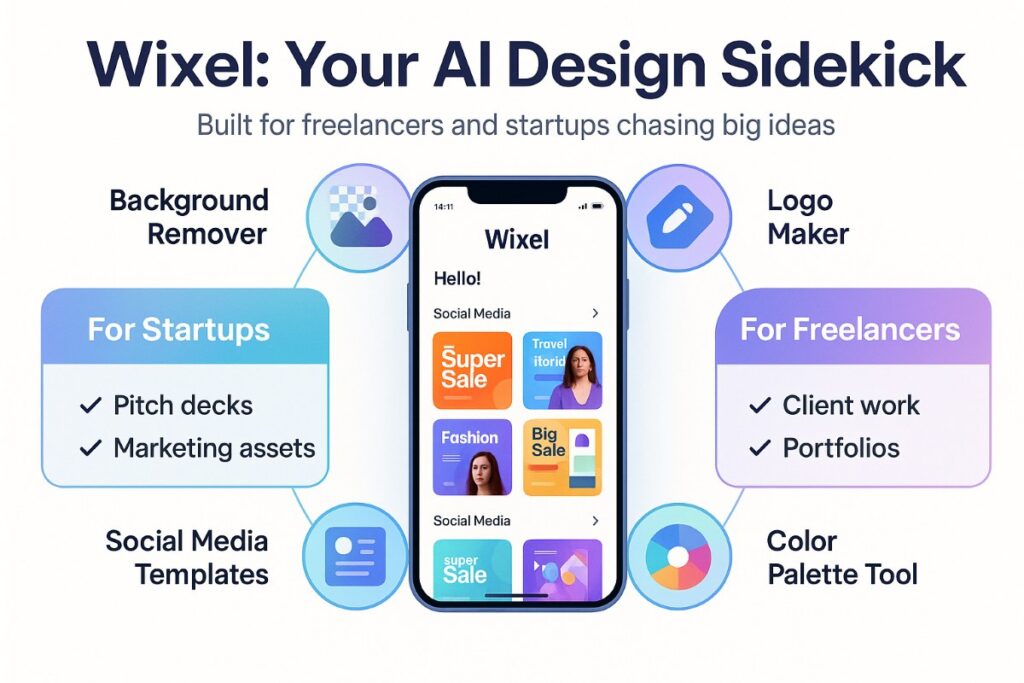 Wixel AI design tool interface with features for startups and freelancers including logo maker, background remover, and social media templates