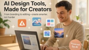Freelancer using AI design tools like Wixel on a laptop with creative icons around