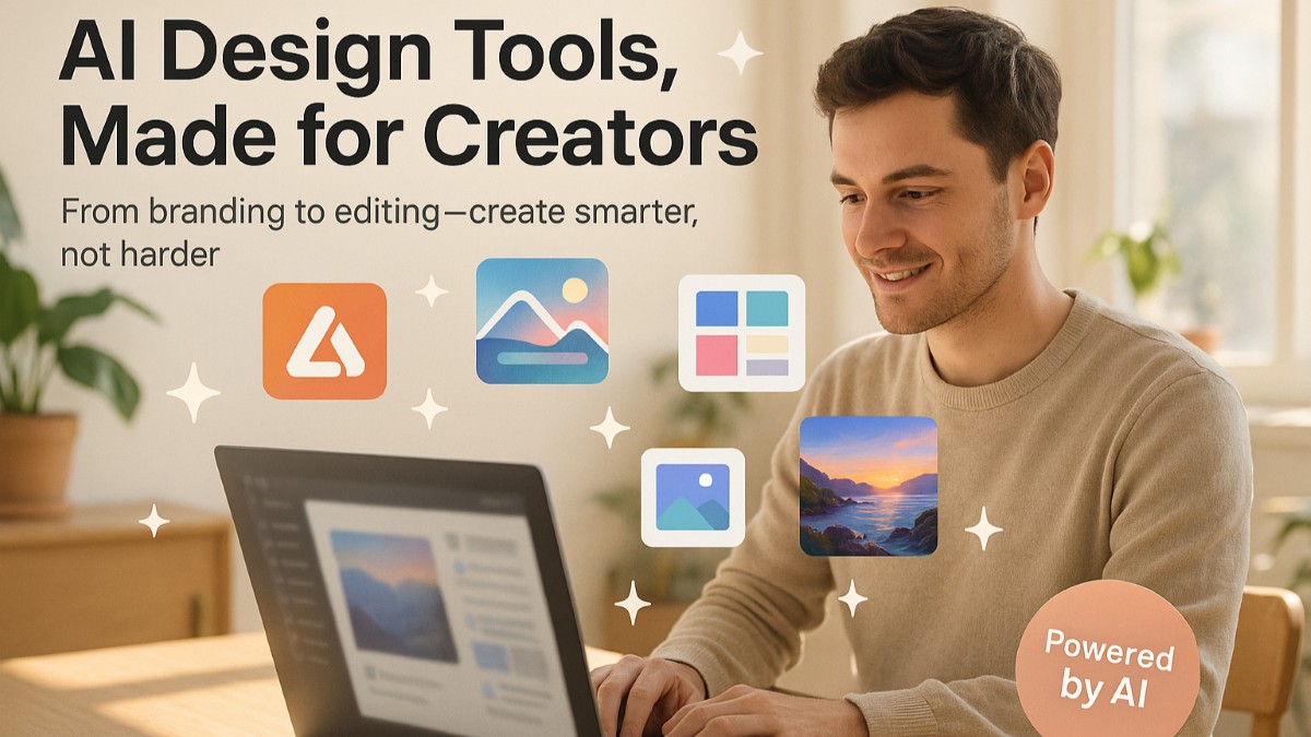 Freelancer using AI design tools like Wixel on a laptop with creative icons around