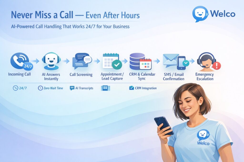 Welco AI call answering service infographic showing after-hours call handling workflow and appointment booking