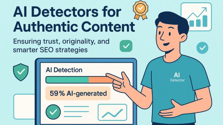 AI detectors dashboard with alerts and analytics, featuring a confident content creator explaining SEO authenticity results.