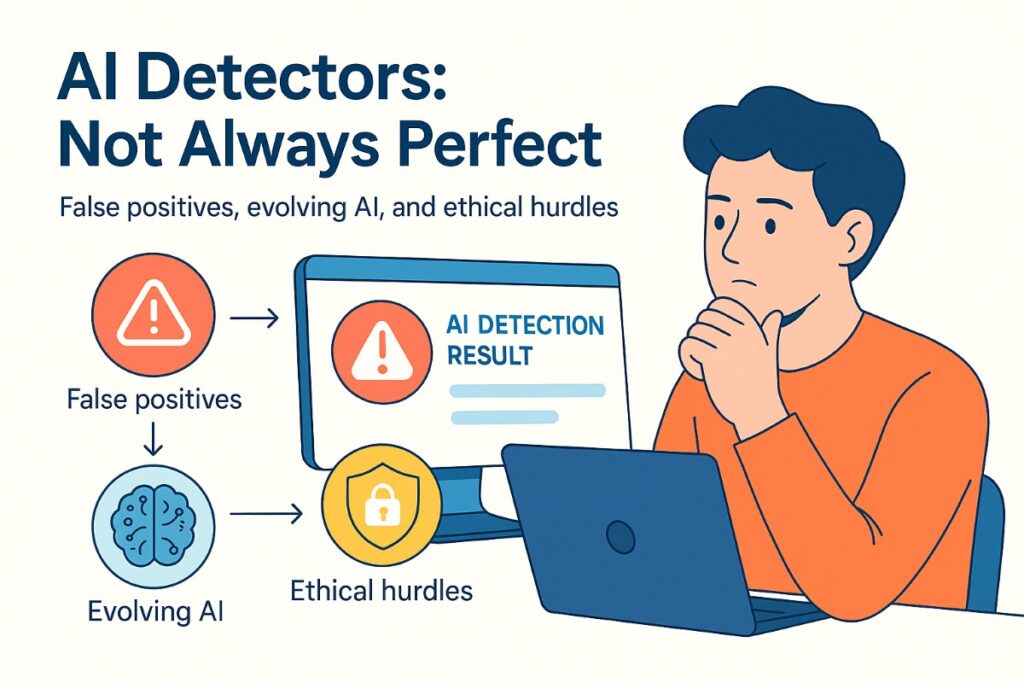 Infographic showing challenges and limitations of AI detectors with icons for false positives, advanced AI models, and ethical issues.
