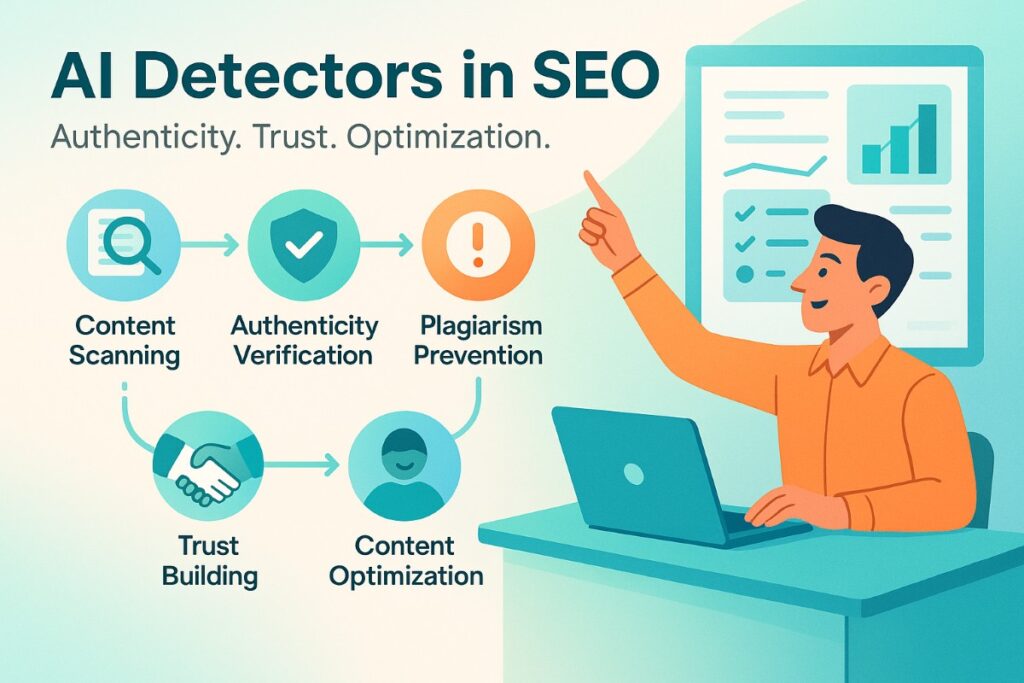 Infographic visualizing the role of AI detectors in SEO with a proactive expert analyzing reports, workflow icons for content scanning, authenticity verification, plagiarism prevention, trust building, and content optimization.